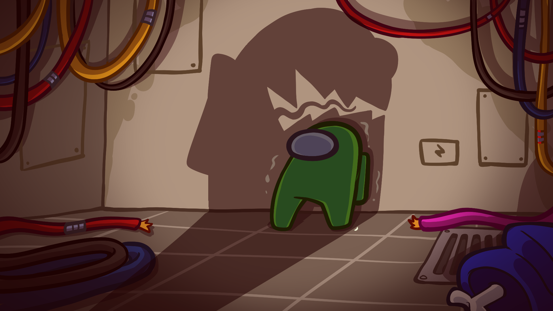 Among Us Crewmates in a spaceship emergency meeting with an Impostor hiding nearby in the social deduction game Among Us Crewmates in a spaceship emergency meeting with an Impostor hiding nearby in the social deduction game