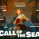 Call of the Sea promotional artwork showing Norah holding a red journal on a mysterious tropical island with review quotes and the game title.
