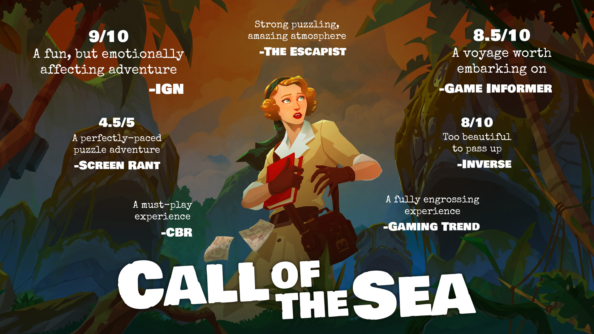 Call of the Sea promotional artwork showing Norah holding a red journal on a mysterious tropical island with review quotes and the game title.